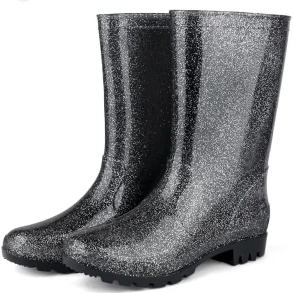 Women's Glitter Mid-Calf Black Rain Boots